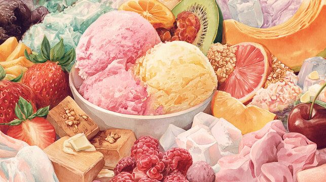 Watercolor illustration of korean dessert ingredients in full frame composition, dense overlapping shaved ice, fruits, condensed milk and sweets with soft pastel tones.