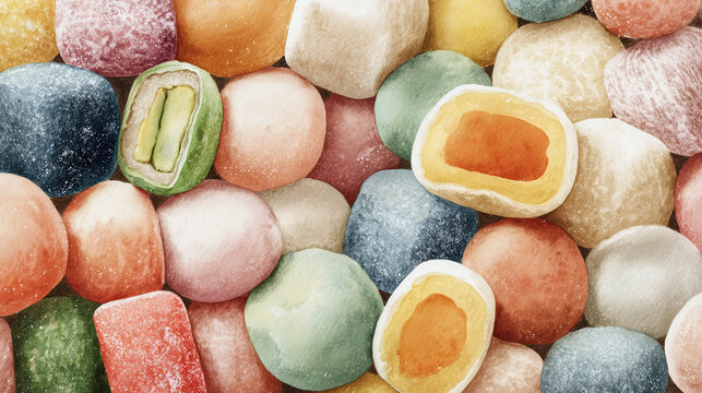 Watercolor illustration of mochi sweets in full frame composition, dense overlapping mochi, rice flour, fillings and colorful sweets with soft pastel tones.