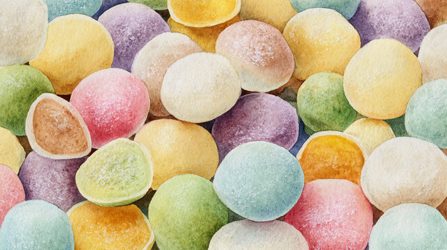 Watercolor illustration of mochi sweets in full frame composition, dense overlapping mochi, rice flour, fillings and colorful sweets with soft pastel tones.