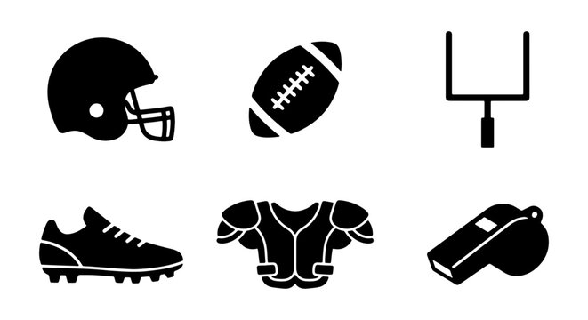 American Football Icons Set: Helmet, Ball, Goalpost, Cleats, Pads, Whistle