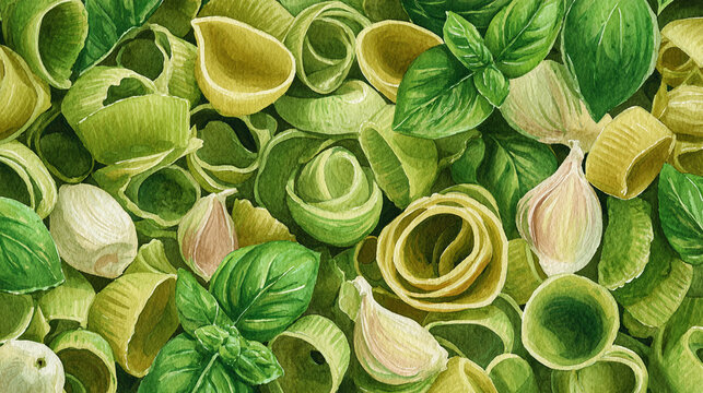 Watercolor illustration of pesto pasta ingredients in full frame composition, dense overlapping pasta, basil, garlic and parmesan with fresh italian green tones.