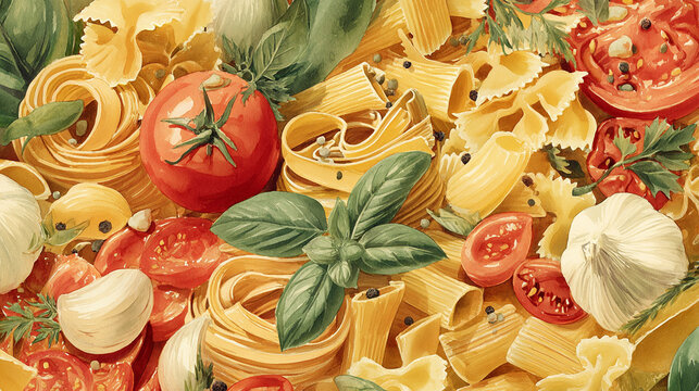 Watercolor illustration of pizza ingredients in full frame composition, dense overlapping dough, tomatoes, cheese, basil and mushrooms with warm italian tones.