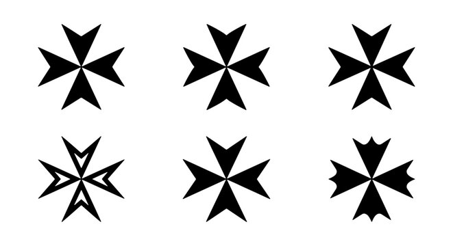 Maltese Cross Icons, Heraldic Symbols, Black and White Geometric Emblems, Christian Cross Variations