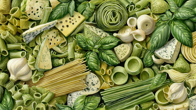 Watercolor illustration of pesto pasta ingredients in full frame composition, dense overlapping pasta, basil, garlic and parmesan with fresh italian green tones.