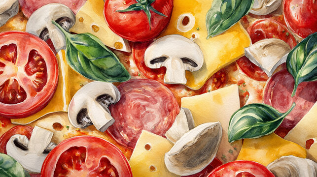 Watercolor illustration of pizza ingredients in full frame composition, dense overlapping dough, tomatoes, cheese, basil and mushrooms with warm italian tones.