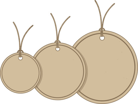 Three round blank price tags made from recycled cardboard with string.