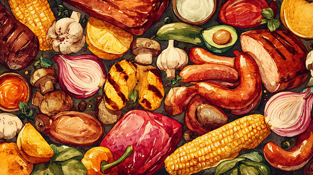 Watercolor illustration of summer BBQ ingredients in full frame composition, dense overlapping grilled meat, corn, sausages and vegetables with warm outdoor tones.