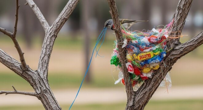 A tree branch with a colorful bundle of yarn and string tied to it in a park