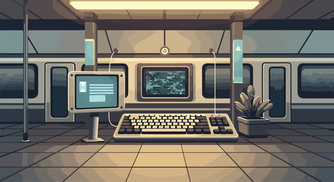 Retro computer setup in abandoned station.