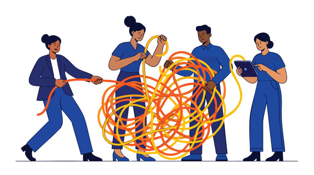 Diverse strategic team simplifying complex business workflows and untangling operational bottlenecks for high-growth agencies