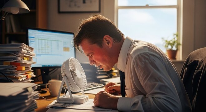 A stressed businessman working at his desk in a cluttered office with a computer and stacks of papers