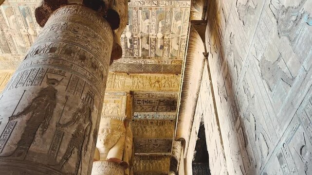 Beautiful vaults and bas-reliefs in the ancient temple complex of Dendera, Qena, Egypt.