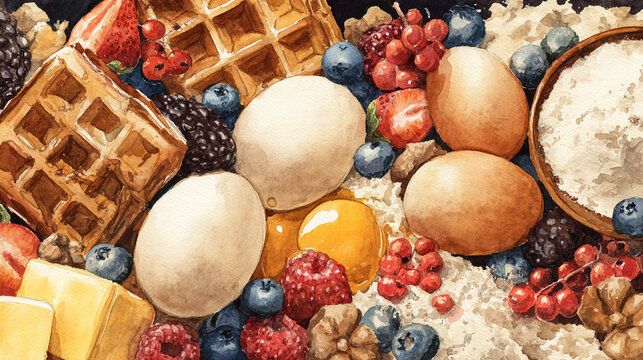 Watercolor illustration of waffle ingredients in full frame composition, dense overlapping flour, eggs, butter, syrup and berries with warm golden dessert tones.