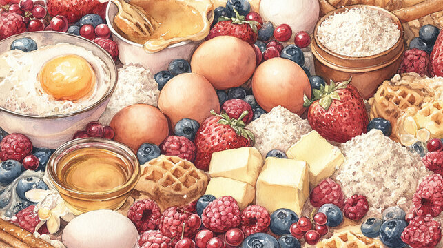 Watercolor illustration of waffle ingredients in full frame composition, dense overlapping flour, eggs, butter, syrup and berries with warm golden dessert tones.