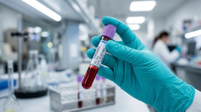 Scientist holding a blood sample tube labeled thrombin in a laboratory
