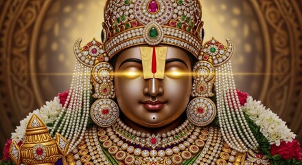 Fototapeta premium Majestic close up portrait of lord venkateswara adorned in ornate gold jewelry and radiant divine light