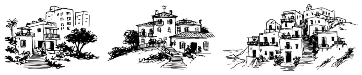 Obraz premium Mediterranean village houses and hillside coastal architecture in hand drawn sketch style