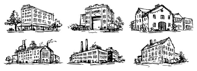 Naklejka premium Industrial factory buildings and commercial warehouse architecture in hand drawn ink sketch style