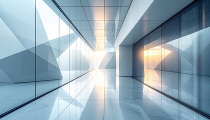 Fototapeta premium Modern office hallway interior with clean glass walls and polished marble floors showing a bright morning light in a contemporary skyscraper.