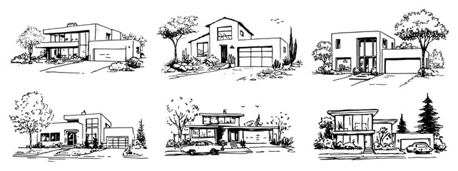 Obraz premium Modern contemporary houses and minimalist residential villas in hand drawn ink sketch style