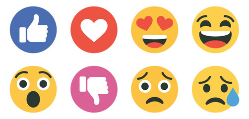 Set of emoji reaction icons featuring love, dislike, laugh, cry, sad, wow, and heart eyes expressions, designed for social media reactions, digital communication, user engagement, and chat interface 