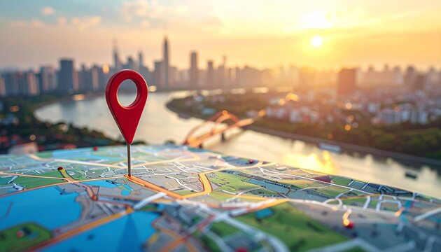 A vibrant red map pointer resting on a stylized paper city map with a stunning sunset skyline background featuring a river and bridge view.