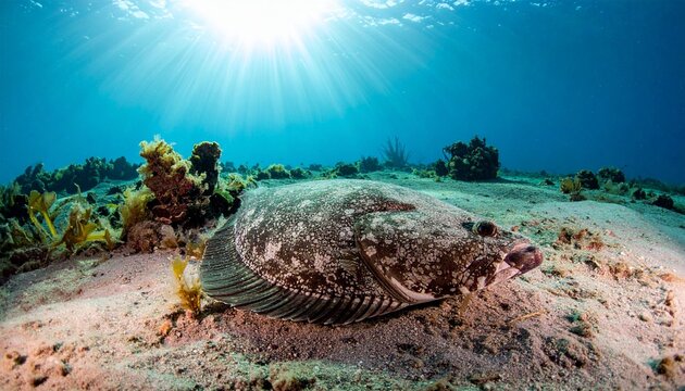 A camouflaged flounder fish rests on the sandy ocean floor beneath bright sunlight filtering through the clear blue tropical water surface.