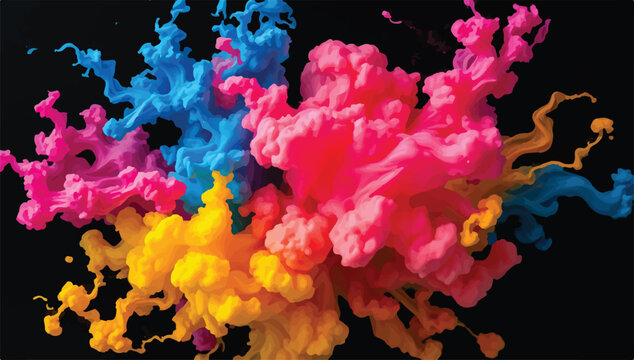 Abstract pink blue and yellow ink diffusion in liquid against black with diffusion abstract explosion underwater artistic creative background colorful backdrop experiment spectrum contrast
