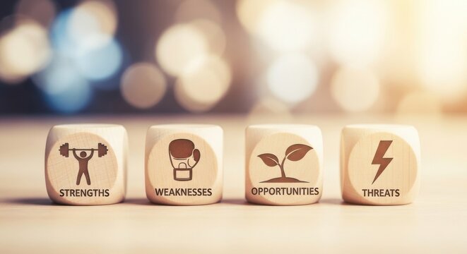 SWOT analysis business concept on wooden cubes, strengths weaknesses opportunities and threats icons, strategic planning and marketing management