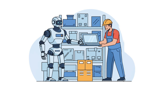 Humanoid robot and a male human warehouse worker in a hard hat and overalls collaborating on logistics using a laptop computer in front of tall storage shelves filled with packages.