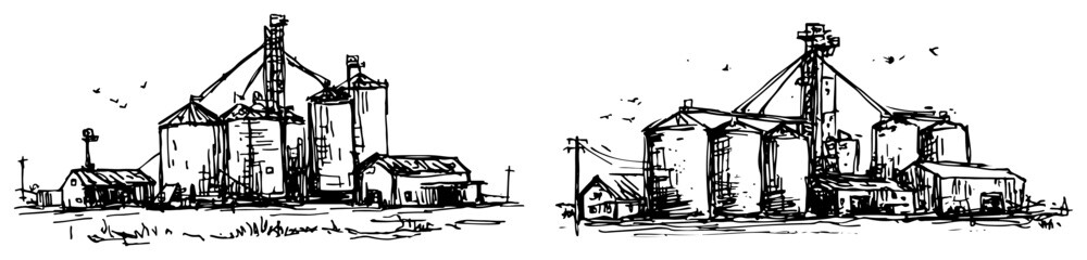 Agricultural grain silos and farm storage buildings in hand drawn sketch style © AdrianGebert