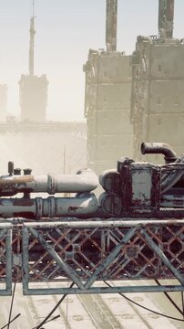 A large industrial site is visible with many pipes and metallic structures. Workers move around as they manage equipment and perform tasks. The location appears to be bustling with activity.