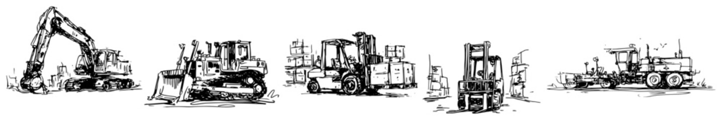 Construction vehicles and heavy machinery with forklifts in hand drawn sketch style © AdrianGebert