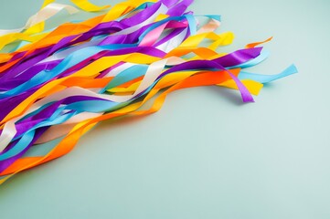 Fototapeta premium Colorful Rainbow Ribbon Wand with Wooden Sticks on Light Blue Background
