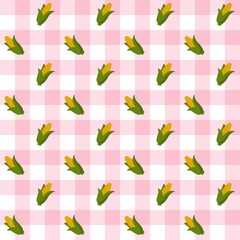 Fototapeta premium ​Seamless flat pattern of corn cobs with green husks on a pink and white gingham plaid background. Cute and playful vector illustration for fabric, paper, or digital use.