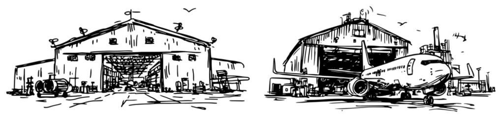 Airplane hangars and passenger jet at airport terminal in hand drawn sketch style © AdrianGebert