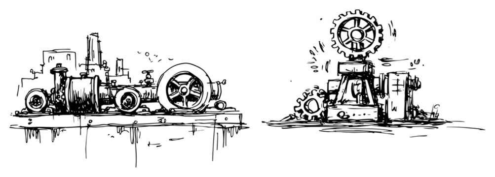 Mechanical engines with gears and industrial machinery in hand drawn sketch style