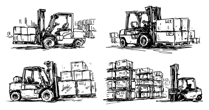Forklift trucks moving pallets and boxes in warehouse facility in hand drawn sketch style
