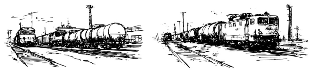 Freight train and cargo locomotive on railroad tracks in hand drawn ink sketch style © AdrianGebert