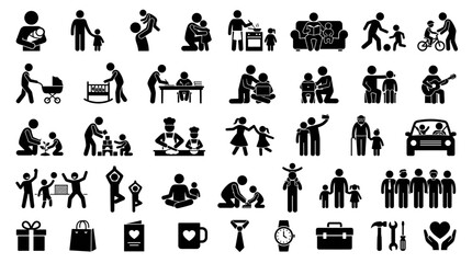 Fototapeta premium Family and Life Activities Stick Figure Icons Representing Parenting and Daily Life