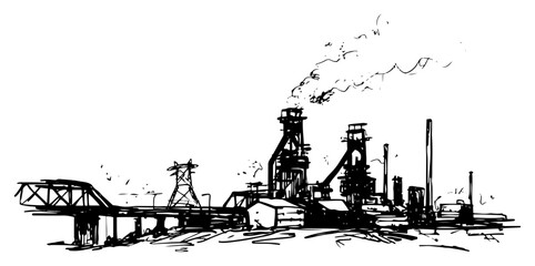 Heavy industrial steel mill and factory landscape with smoking chimneys in hand drawn ink sketch style © AdrianGebert