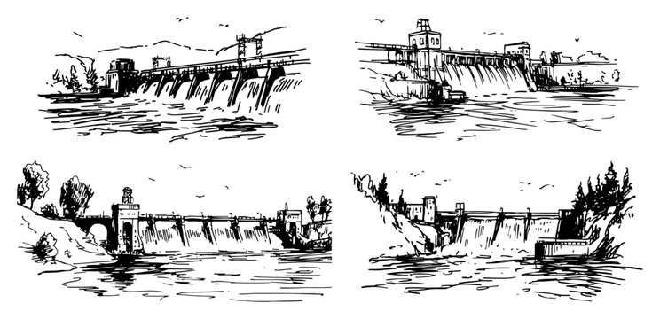 Hydroelectric dam and water reservoir landscapes in hand drawn ink sketch style