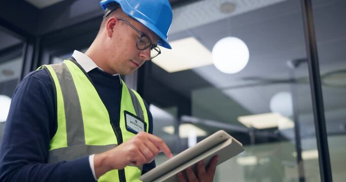 Construction, online and man on tablet in office for inspection, renovation project and report. Architecture, supervisor and person on tech for compliance, building assessment and property evaluation