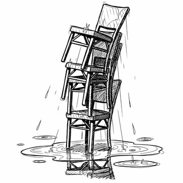 Stack of old wooden chairs falling.