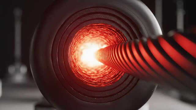 Closeup of a glowing red cable inside a black circular object ideal for creative backgrounds and modern web design