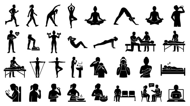 Collection of Silhouettes Representing Health Wellness and Daily Activities