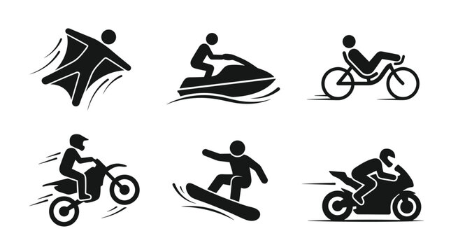 Set of icons depicting extreme sports and activities like wingsuit flying jet skiing cycling motocross snowboarding and racing