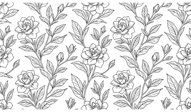 Seamless Gardenia Flower and Leaf Line Art Pattern Hand Drawn Botanical Vector Illustration