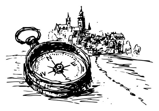 Navigation compass pointing toward distant medieval city and castle in ink sketch style