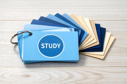 Educational flashcards with 'STUDY' on a light wooden surface